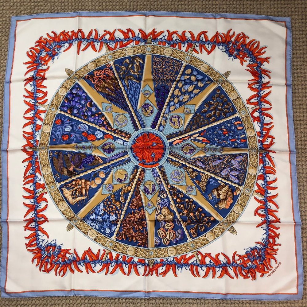 HERMES AUX PAYS DES EPICES SCARF BY ANNIE FAIVRE WHITE RED BLUE ORANGE NEW